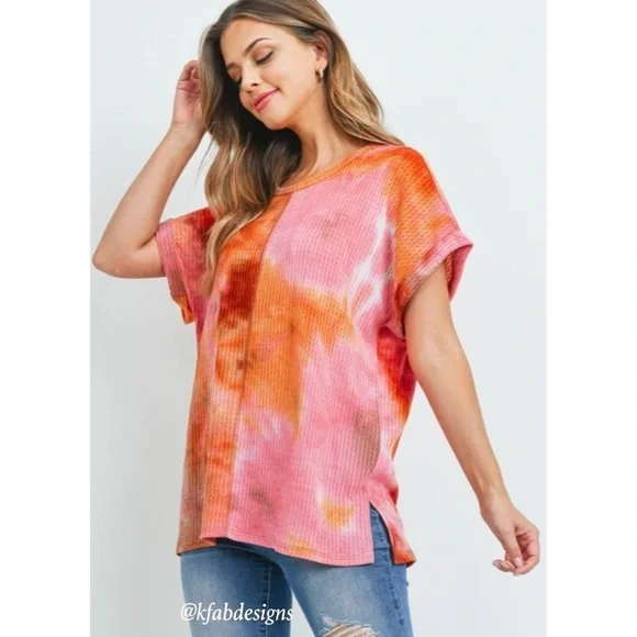 LAST 1! So Soft Vibrant Pink/Peach Waffle Knit Reverse Stitch Top! - Picture 2 of 5